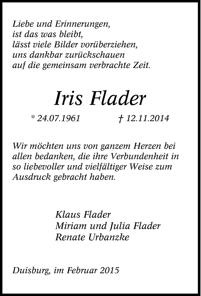  Traueranzeige für Iris Flader vom 05.02.2015 aus Tageszeitung