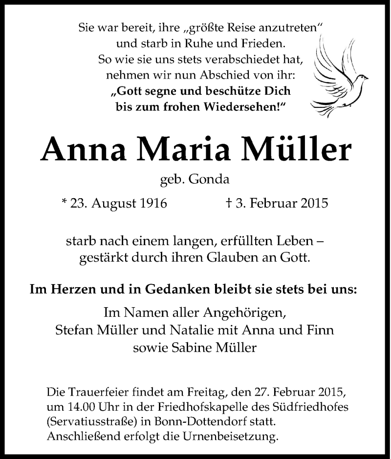  Traueranzeige für Anna Maria Müller vom 07.02.2015 aus Tageszeitung
