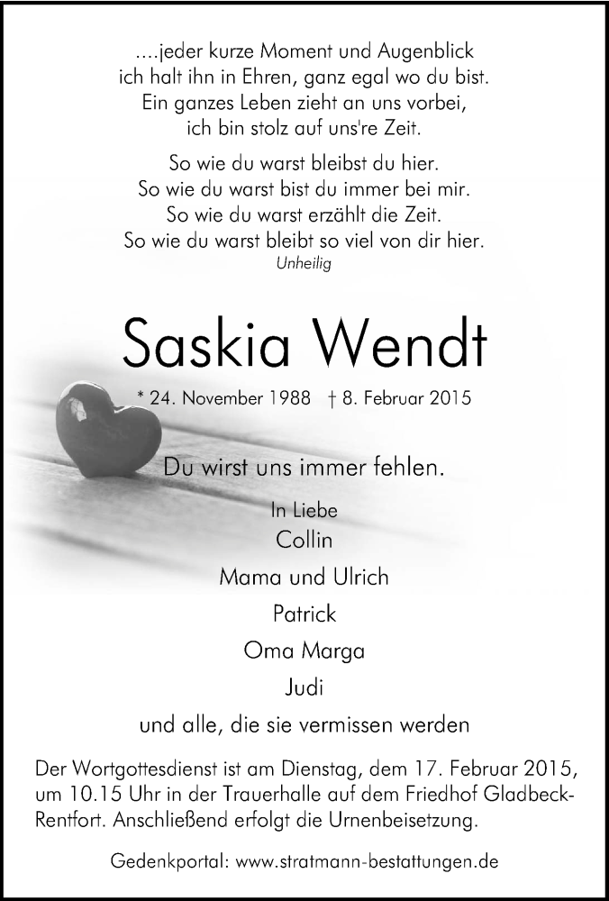  Traueranzeige für Saskia Wendt vom 14.02.2015 aus Tageszeitung