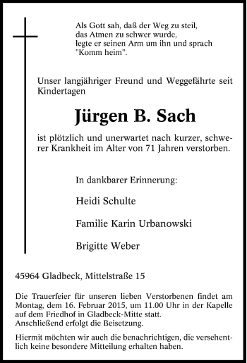 Traueranzeige von Jürgen B. Sach von Tageszeitung