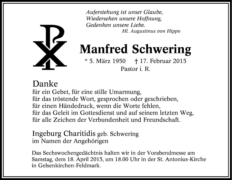  Traueranzeige für Manfred Schwering vom 20.02.2015 aus Tageszeitung