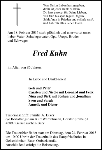 Traueranzeige von Fred Kuhn von Tageszeitung