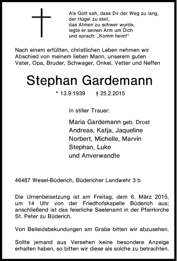 Traueranzeige von Stephan Gardemann von Tageszeitung