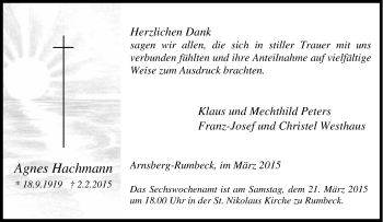 Traueranzeige von Agnes Hachmann von Tageszeitung
