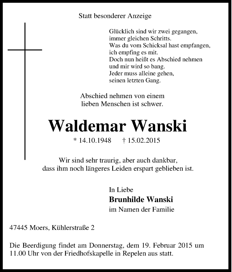  Traueranzeige für Waldemar Wanski vom 17.02.2015 aus Tageszeitung