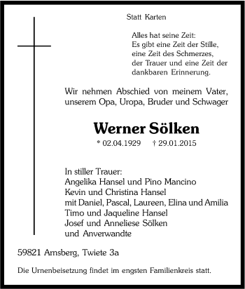 Traueranzeige von Werner Sölken von Tageszeitung