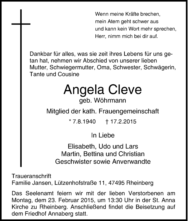  Traueranzeige für Angela Cleve vom 20.02.2015 aus Tageszeitung