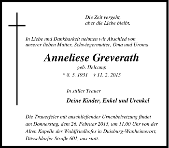 Traueranzeige von Anneliese Greverath von Tageszeitung