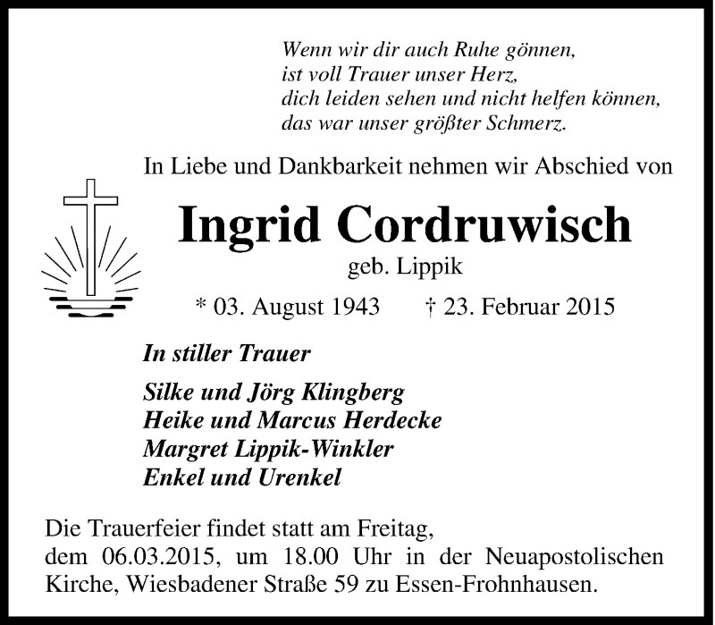  Traueranzeige für Ingrid Cordruwisch vom 28.02.2015 aus Tageszeitung