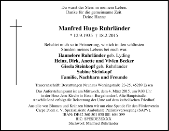 Traueranzeige von Manfred Hugo Ruhrländer von Tageszeitung