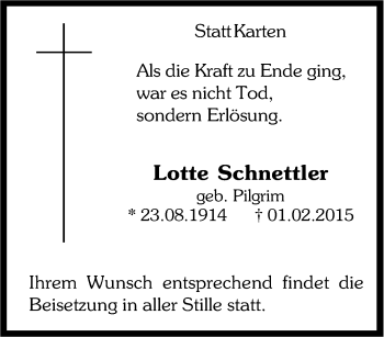 Traueranzeige von Lotte Schnettler von Tageszeitung