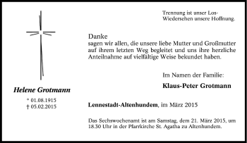 Traueranzeige von Helene Grotmann von Tageszeitung