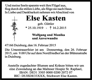 Traueranzeige von Else Kasten von Tageszeitung