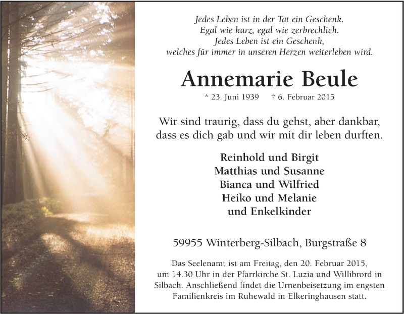  Traueranzeige für Annemarie Beule vom 14.02.2015 aus Tageszeitung