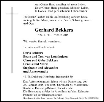 Traueranzeige von Gerhard Bekkers von Tageszeitung