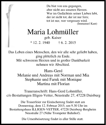 Traueranzeige von Maria Lohmüller von Tageszeitung