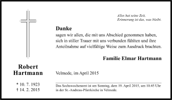 Traueranzeige von Robert Hartmann von Tageszeitung