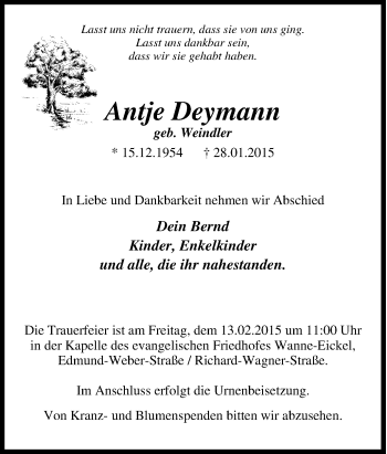 Traueranzeige von Antje Deymann von Tageszeitung