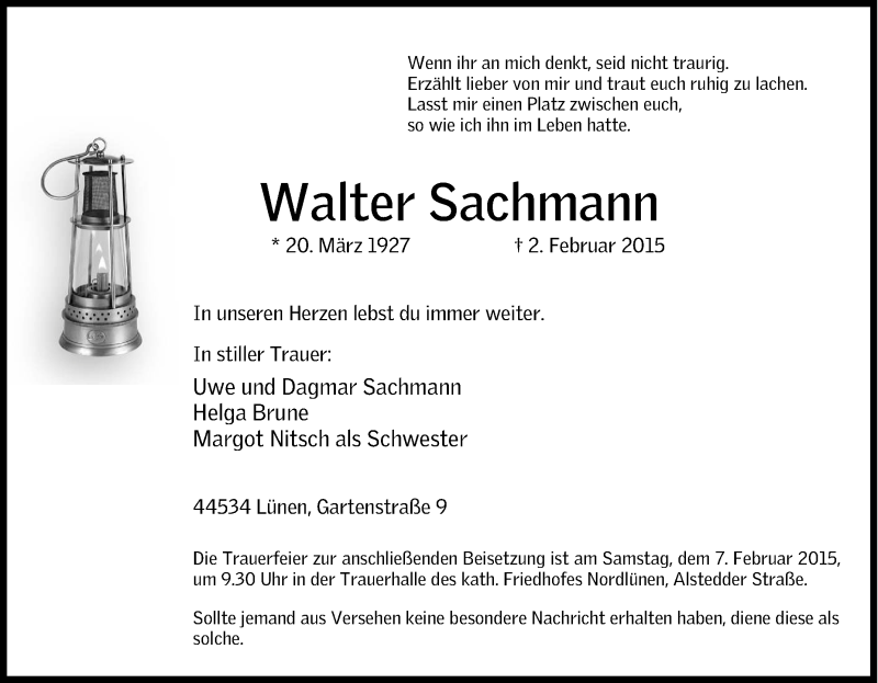  Traueranzeige für Walter Sachmann vom 05.02.2015 aus Tageszeitung