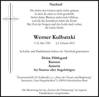 Traueranzeige von Werner Kulbatzki von Tageszeitung