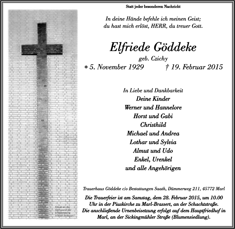  Traueranzeige für Elfriede Göddeke vom 23.02.2015 aus Tageszeitung