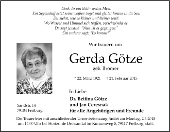 Traueranzeige von Gerda Götze von Tageszeitung