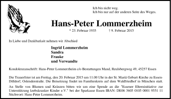 Traueranzeige von Hans-Peter Lommerzheim von Tageszeitung