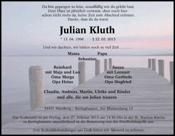 Traueranzeige von Julian Kluth von Tageszeitung