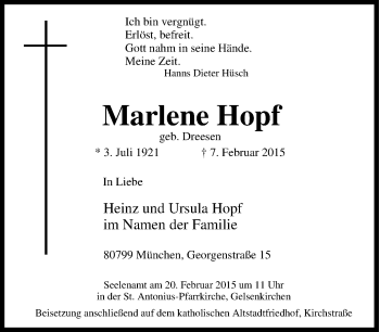 Traueranzeige von Marlene Hopf von Tageszeitung