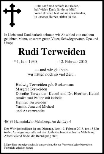 Traueranzeige von Rudi Terweiden von Tageszeitung