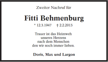 Traueranzeige von Fitti Behmenburg von Tageszeitung