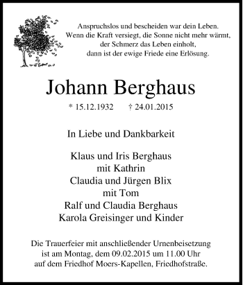 Traueranzeige von Johann Berghaus von Tageszeitung