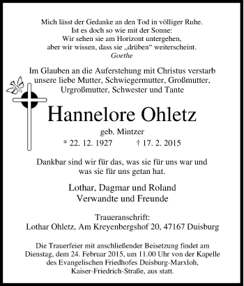 Traueranzeige von Hannelore Ohletz von Tageszeitung