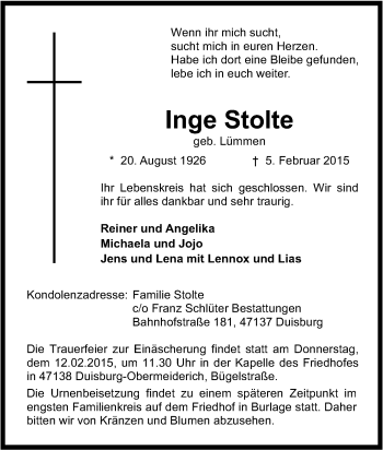 Traueranzeige von Inge Stolte von Tageszeitung