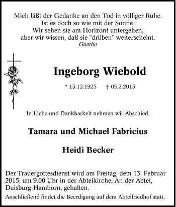 Traueranzeige von Ingeborg Wiebold von Tageszeitung