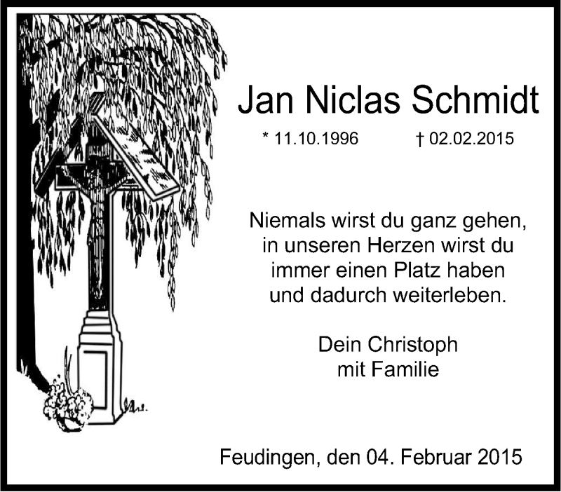  Traueranzeige für Jan Niclas Schmidt vom 04.02.2015 aus Tageszeitung