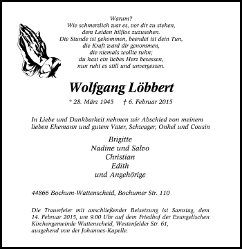 Traueranzeige von Wolfgang Löbbert von Tageszeitung