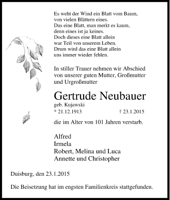 Traueranzeige von Gertrude Neubauer von Tageszeitung