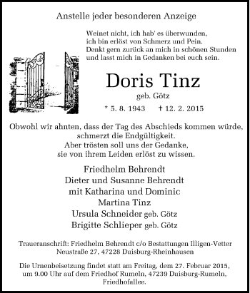 Traueranzeige von Doris Tinz von Tageszeitung