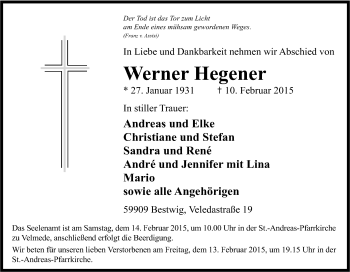 Traueranzeige von Werner Hegener von Tageszeitung