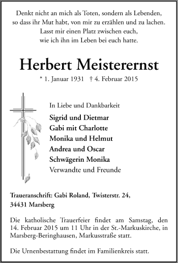 Traueranzeige von Herbert Meisterernst von Tageszeitung