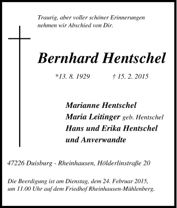 Traueranzeige von Bernhard Hentschel von Tageszeitung