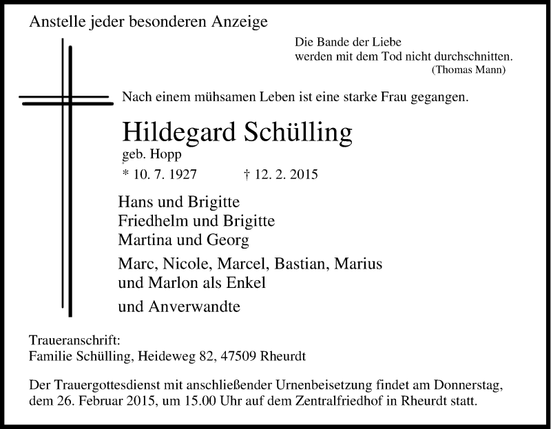  Traueranzeige für Hildegard Schülling vom 21.02.2015 aus Tageszeitung
