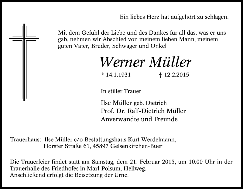  Traueranzeige für Werner Müller vom 17.02.2015 aus Tageszeitung
