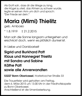 Traueranzeige von Maria Thielitz von Tageszeitung