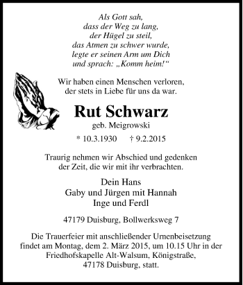 Traueranzeige von Rut Schwarz von Tageszeitung