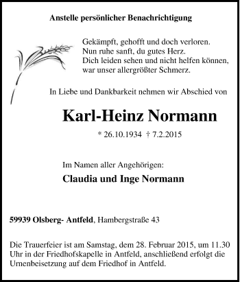 Traueranzeige von Karl-Heinz Normann von Tageszeitung
