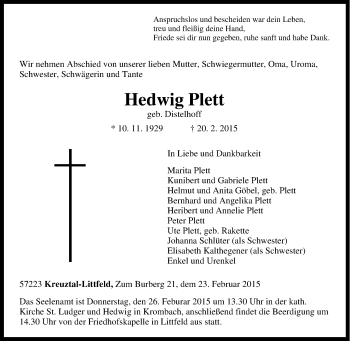 Traueranzeige von Hedwig Plett von Tageszeitung