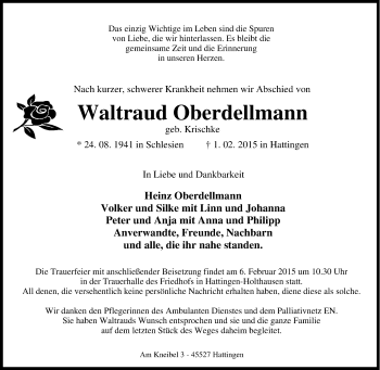 Traueranzeige von Waltraud Oberdellmann von Tageszeitung