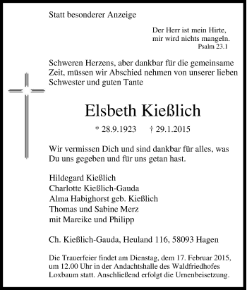 Traueranzeige von Elsbeth Kießlich von Tageszeitung
